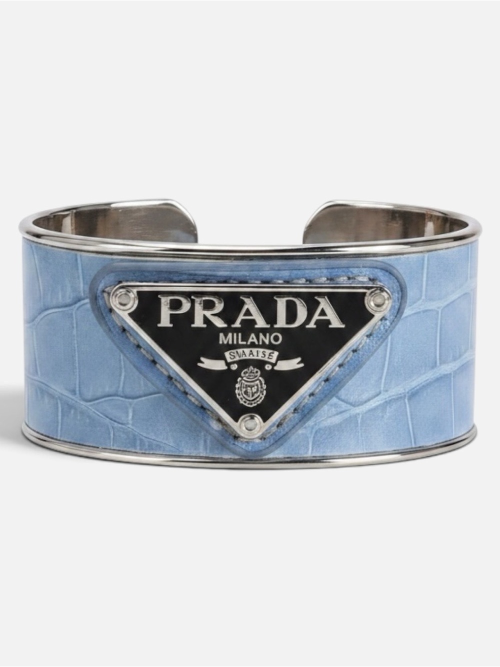 PRADA Upcycled Blue Croc-Embossed Upcycled Silver Cuff Bracelet